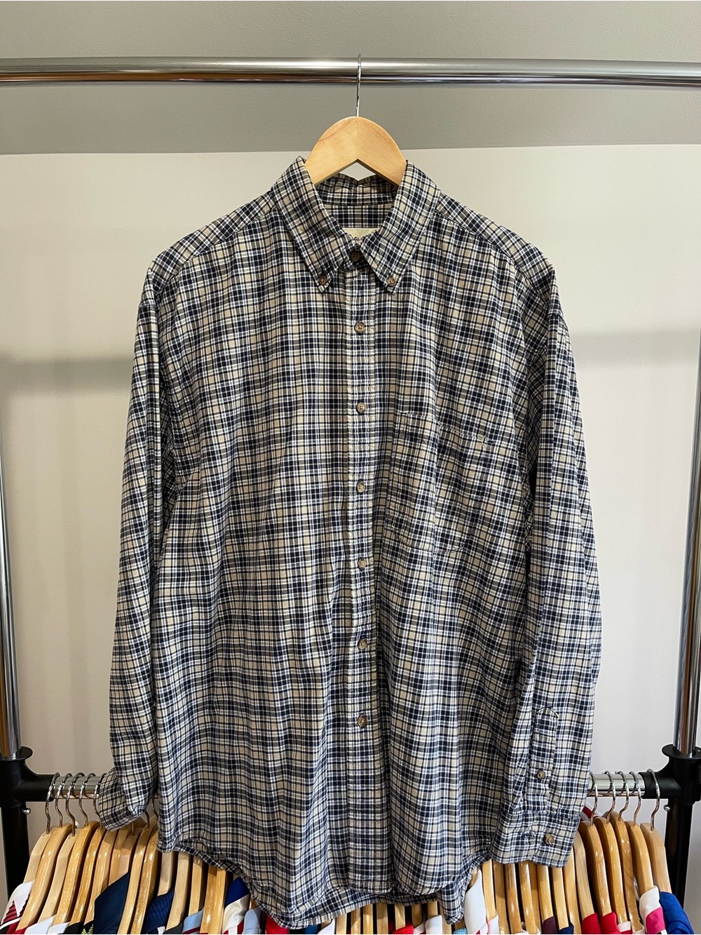 Eddie Bauer Navy and White Plaid Button-Down Shirt